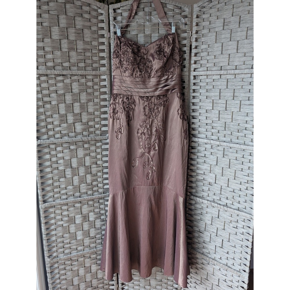 Brown Halter Mermaid Dress Gown Floral Embroidered Sz 10 Taffeta Wedding Guest